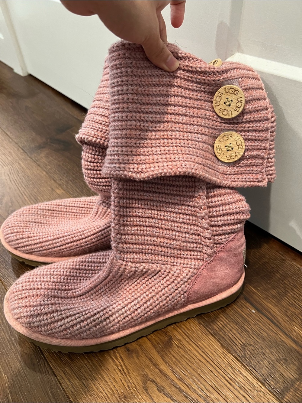 UGG Pink Knit Button Boots with Logo Buttons